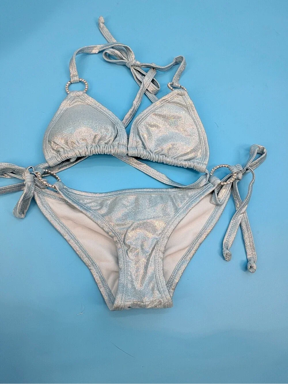 Daisy Beachwear Pucker butt Lt Blue Glitter Bikini w/ Rhinestone Rings NEW Large